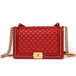 Chanel Boy Red Diamond Quilt Leather Flap handbag